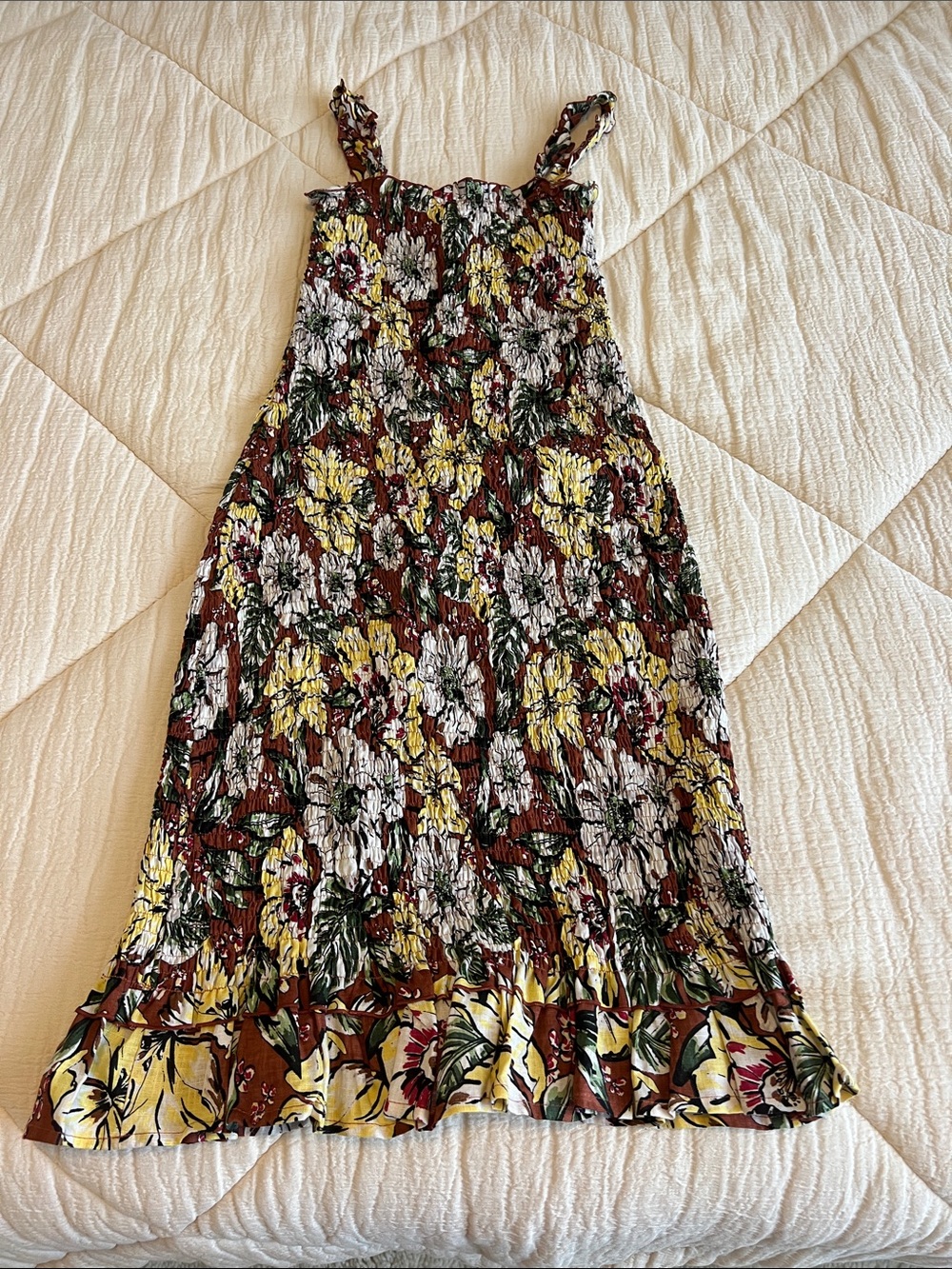 Faithfull the Brand Brown Floral Smocked Sundress with Yellow Accents